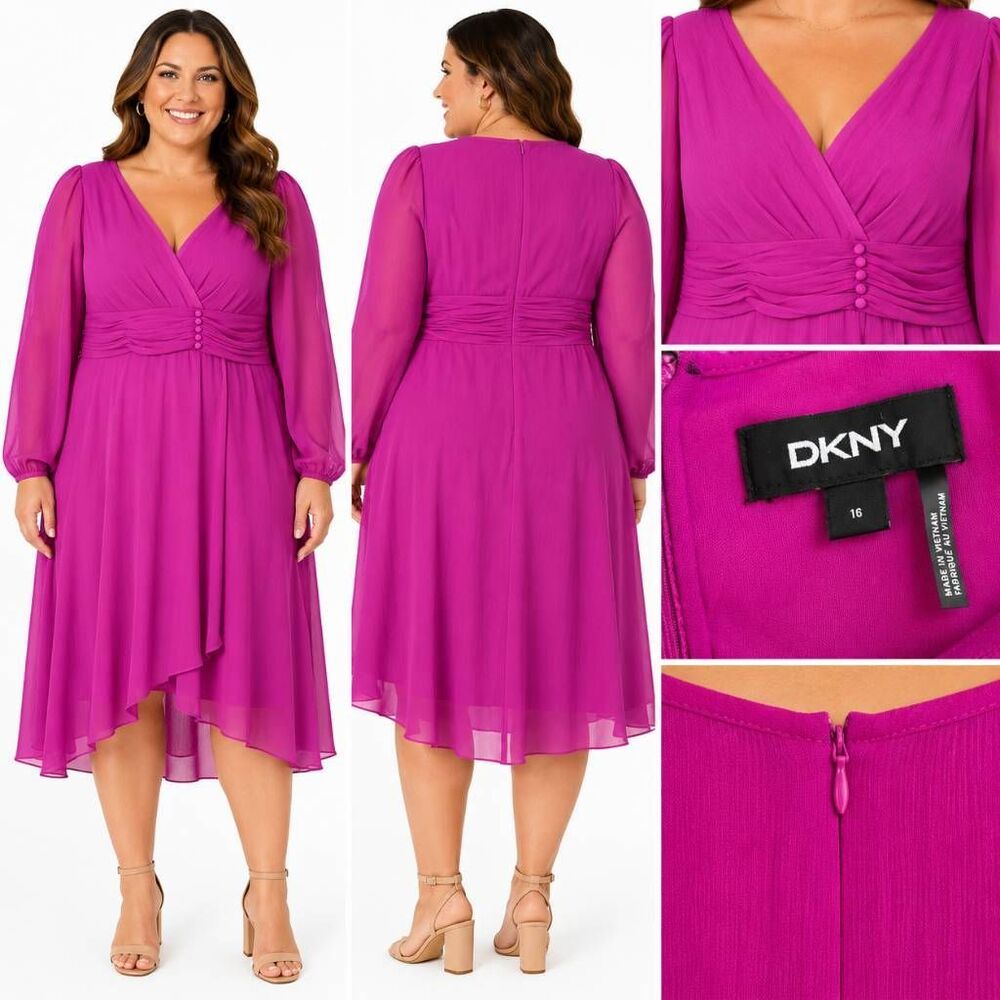 DKNY Fuchsia Chiffon Midi Dress Size 16 Long Sleeve